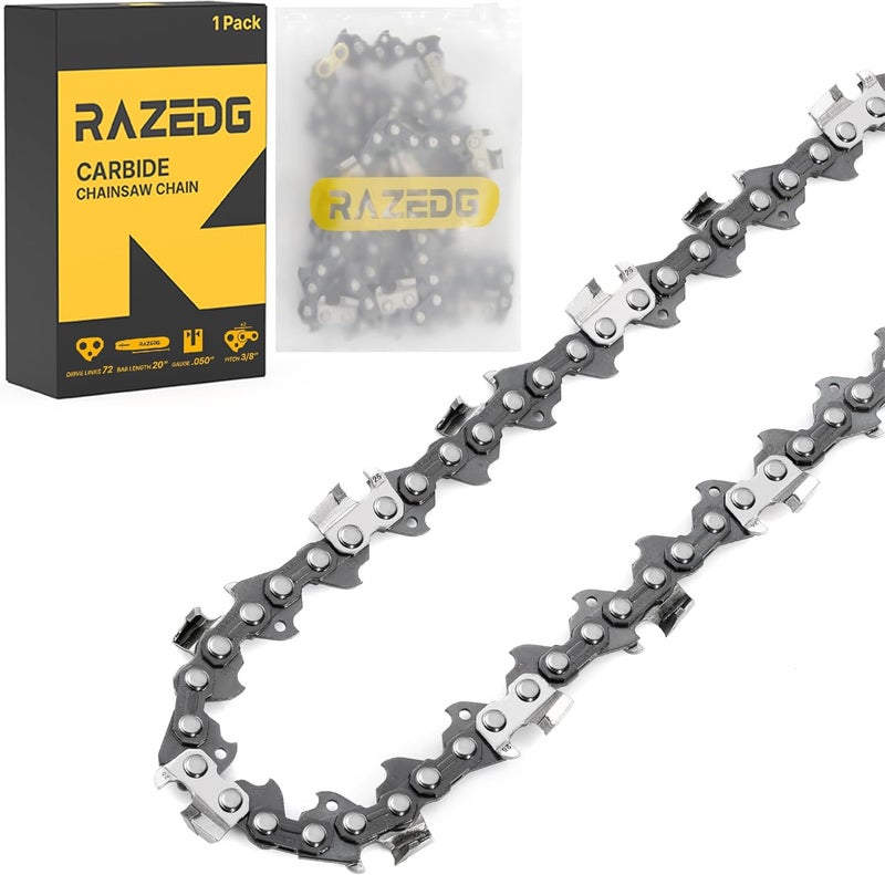 RazEdg Carbide Chainsaw Chain 20 Inch, 3/8" Pitch, .050" Gauge, 72 Drive Links, Fits Stihl MS311, MS391, Husqvarna 455 (Rancher), 460 (Rancher), Poulan Pro and More- E72 (1 Chain) - Image 1